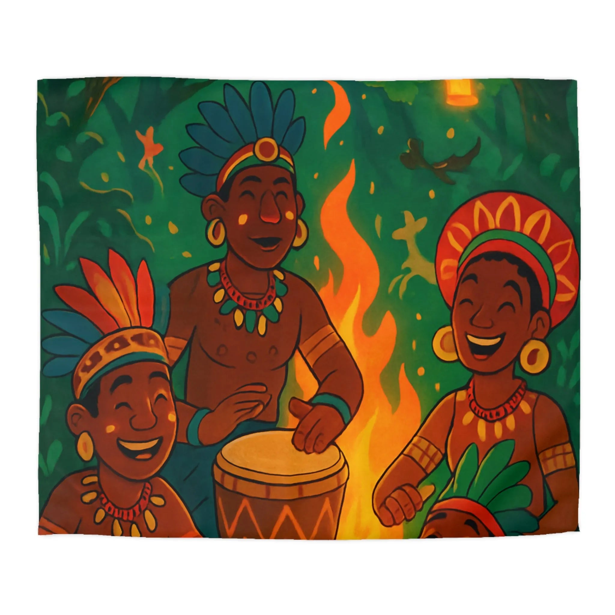 Housse de couette avec musiciens tribaux joyeux jouant des tambours autour du feu