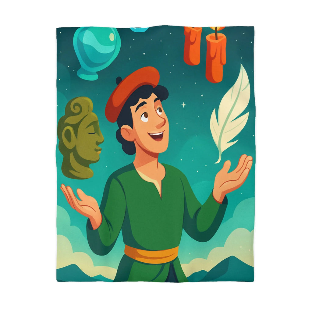 Housse de couette artistique avec personnage joyeux, nature et éléments magiques colorés