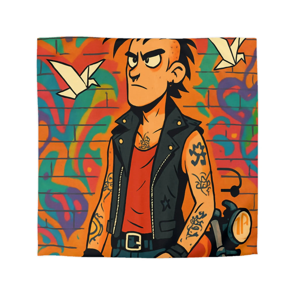 Housse de couette avec imprimé punk, moto et graffitis, ambiance urbaine colorée
