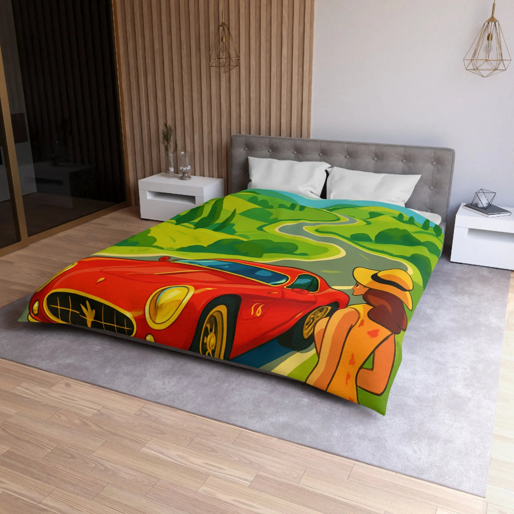 Housse de Couette Colorée avec Paysage Champêtre, Route Sinueuse et Voiture Rouge