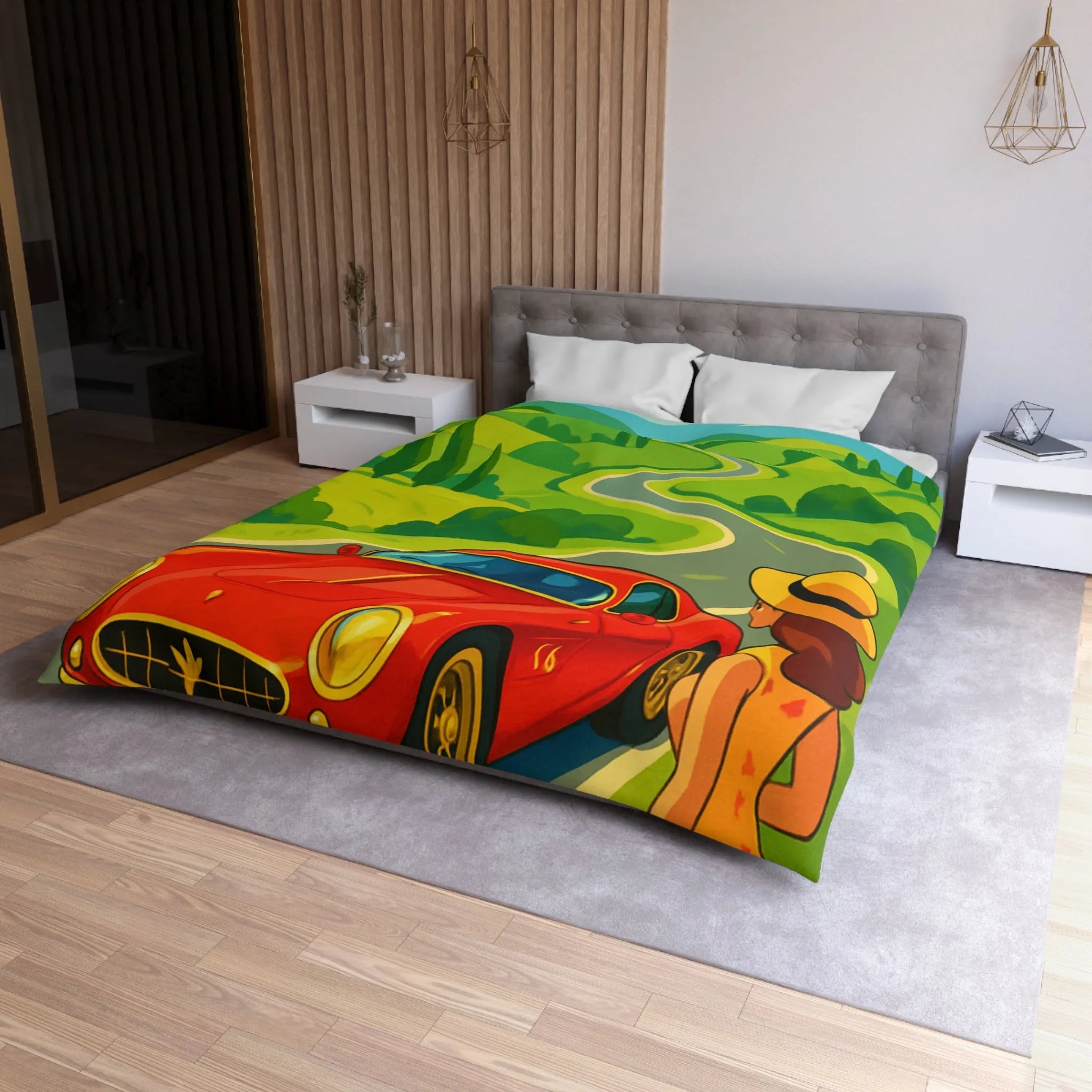 Housse de Couette Colorée avec Paysage Champêtre, Route Sinueuse et Voiture Rouge