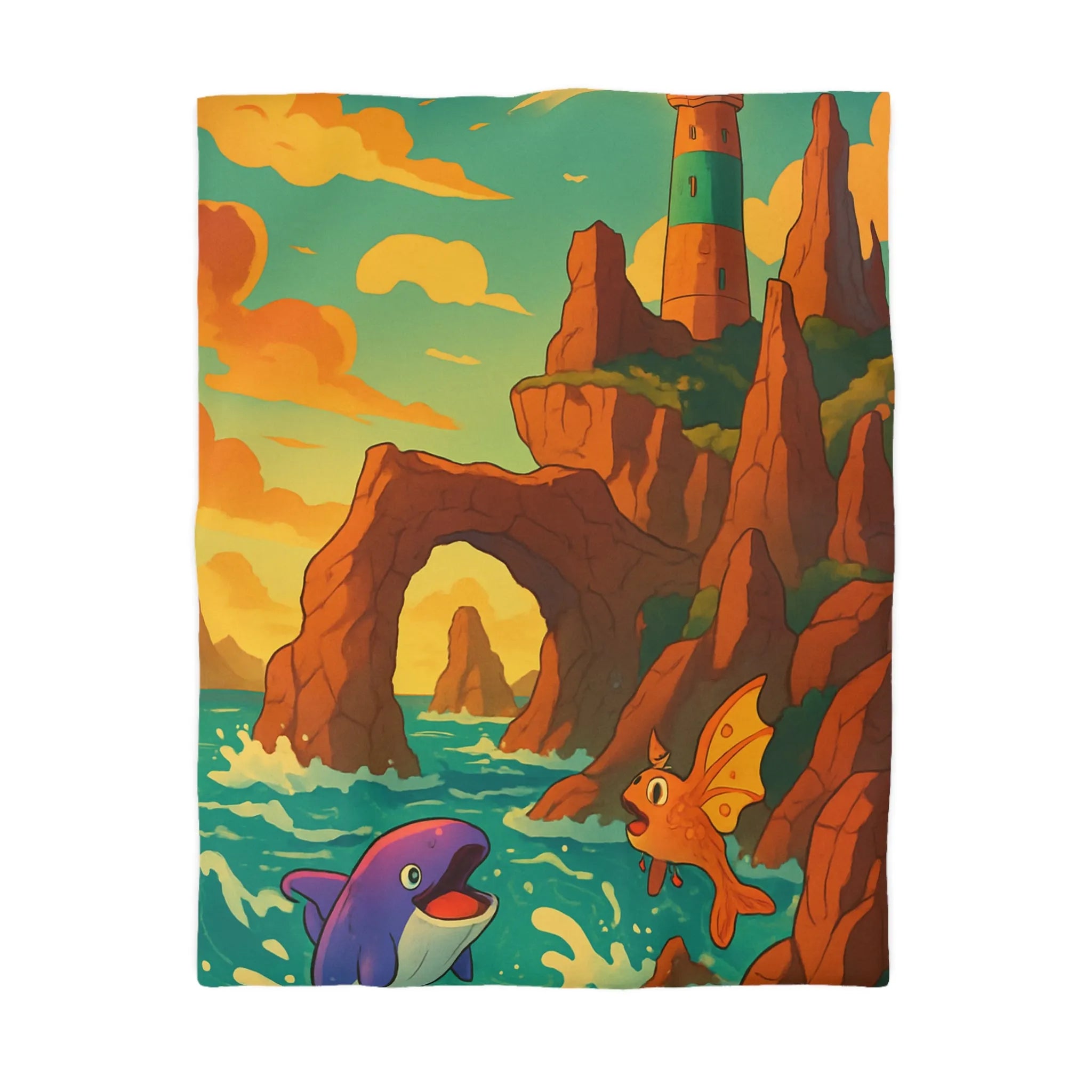 Fantastique peinture de poissons et dauphin avec phare sur fond de mer colorée
