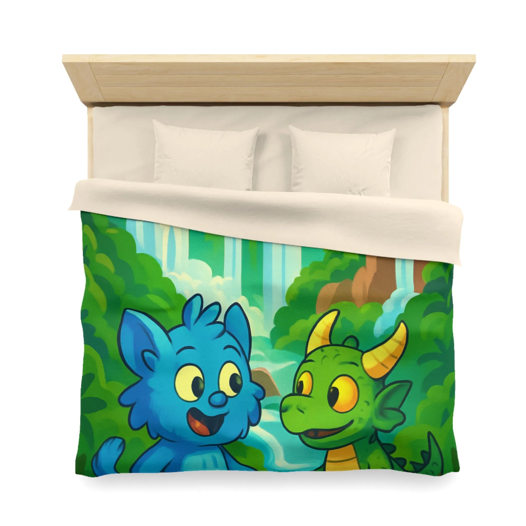 Housse de Couette Fantaisie Enfants Avec Animaux et Paysage Magique Coloré Vert et Bleu