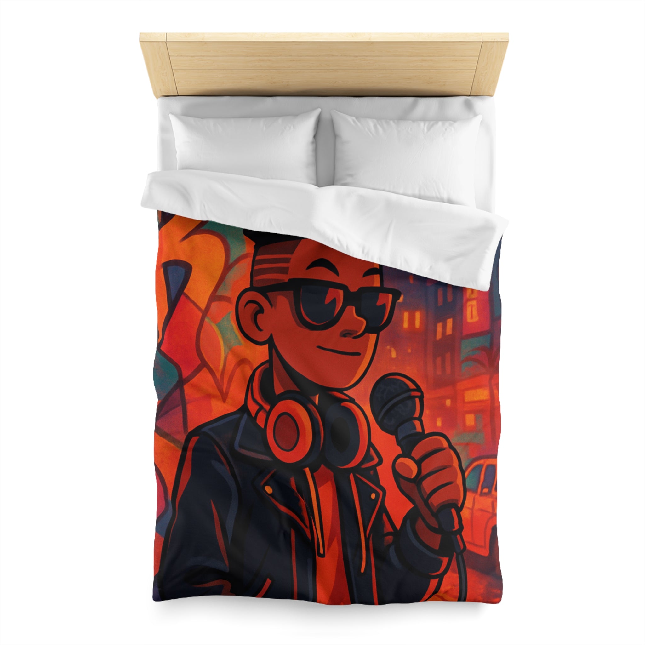 Housse de couette urbaine rétro avec chanteur hip-hop et graphismes vibrants de ville