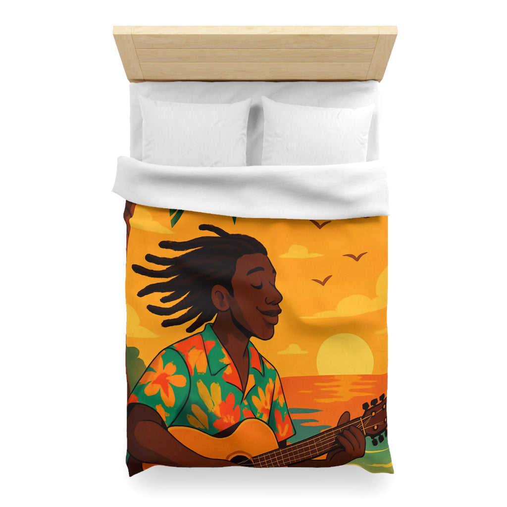 Housse de couette tropicale avec musique, coucher de soleil et palmiers exotiques pour chambre