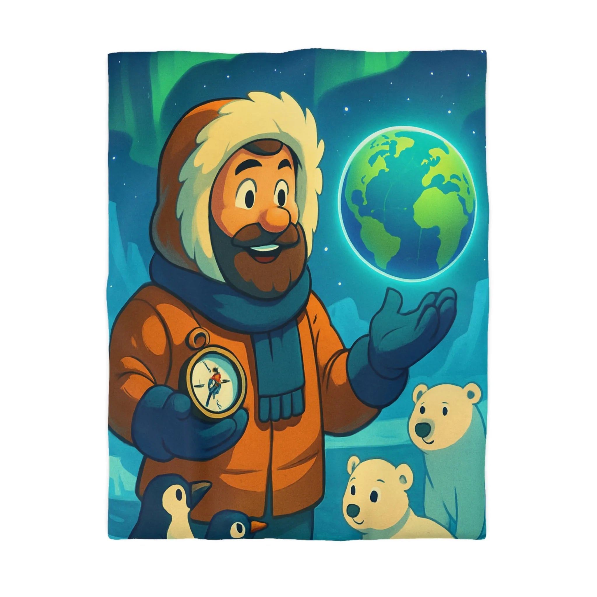 Housse de couette colorée avec explorateur polaire, aurore boréale, globe et animaux arctiques