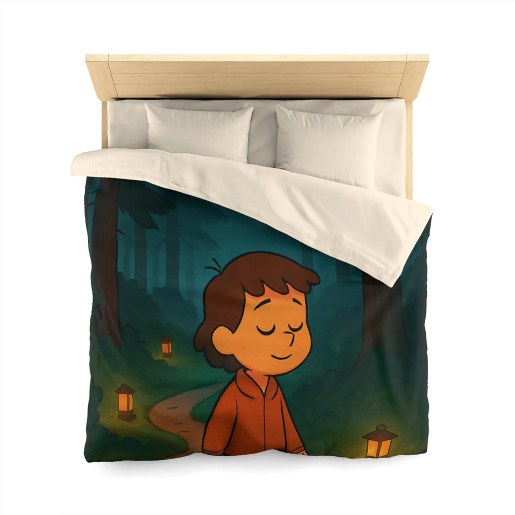 Housse de couette enfantine avec décor paisible de forêt au crépuscule pleine de lanternes