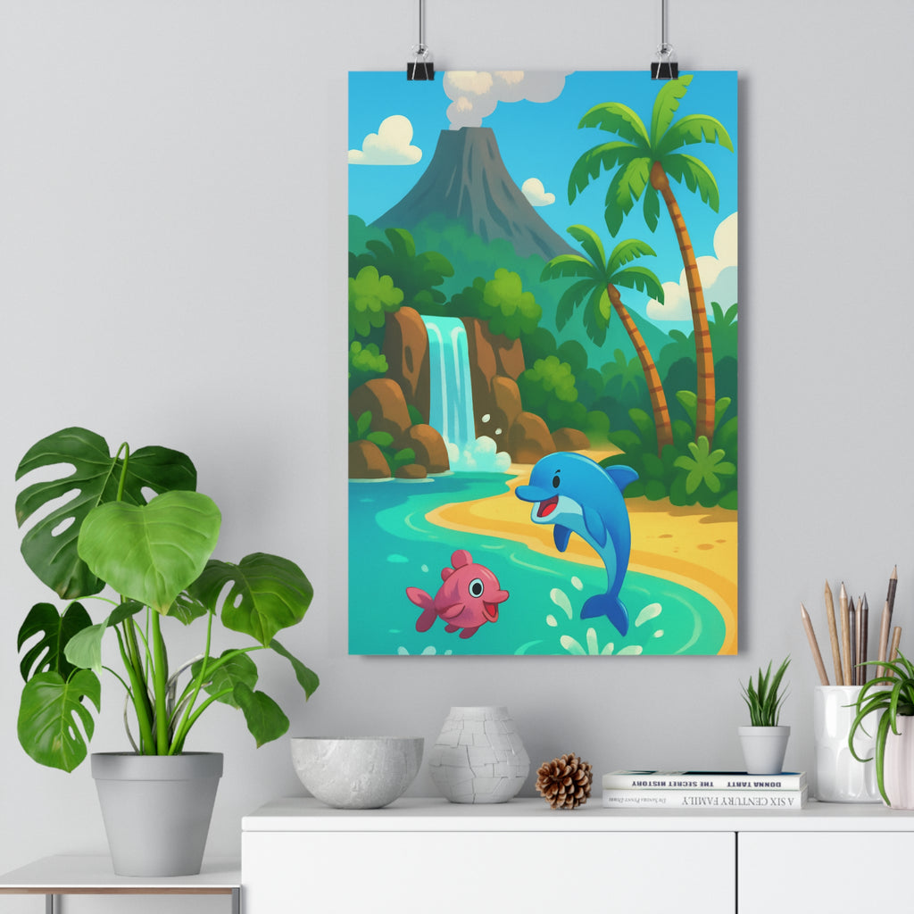 Poster décoratif aventure cartoon exotique turquoise rose joyeux chambre enfant plage cascade tropicale coloré