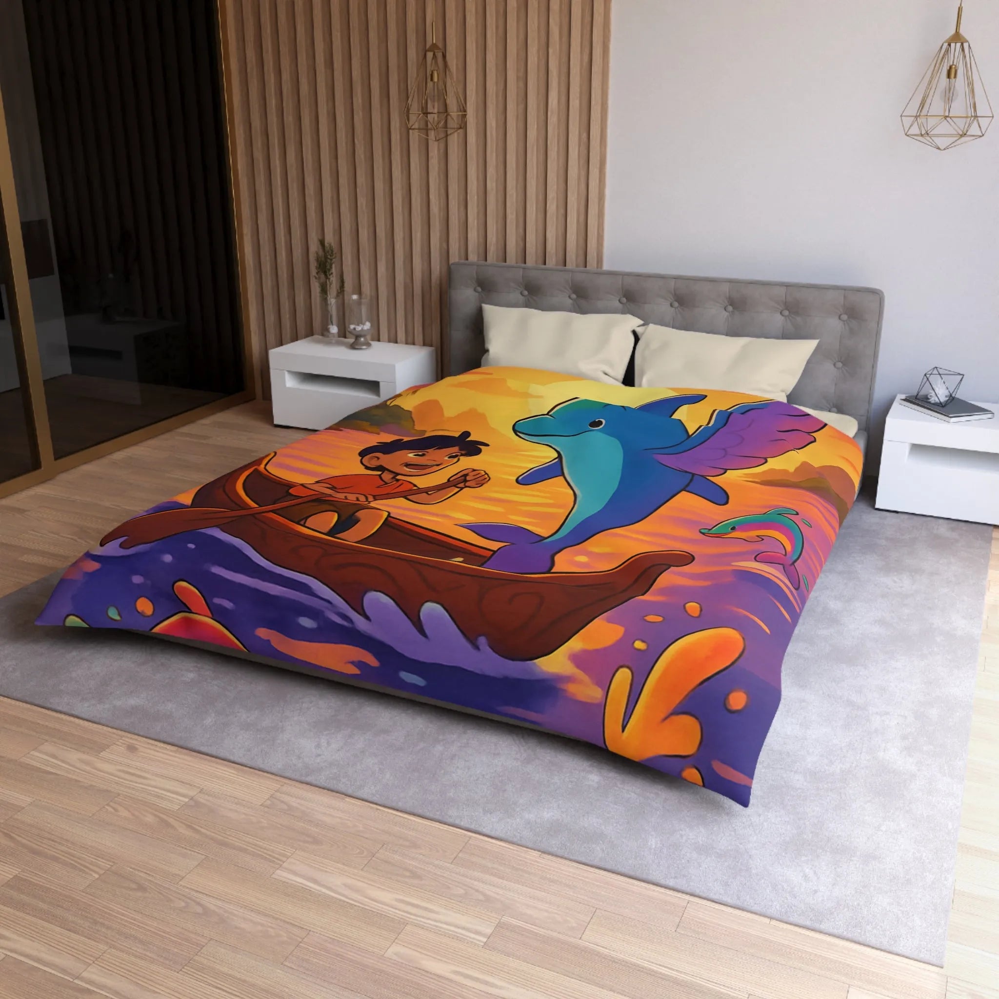 Housse de Couette Enfant : Dauphin Bleu, Aventure en Barque, Coucher de Soleil