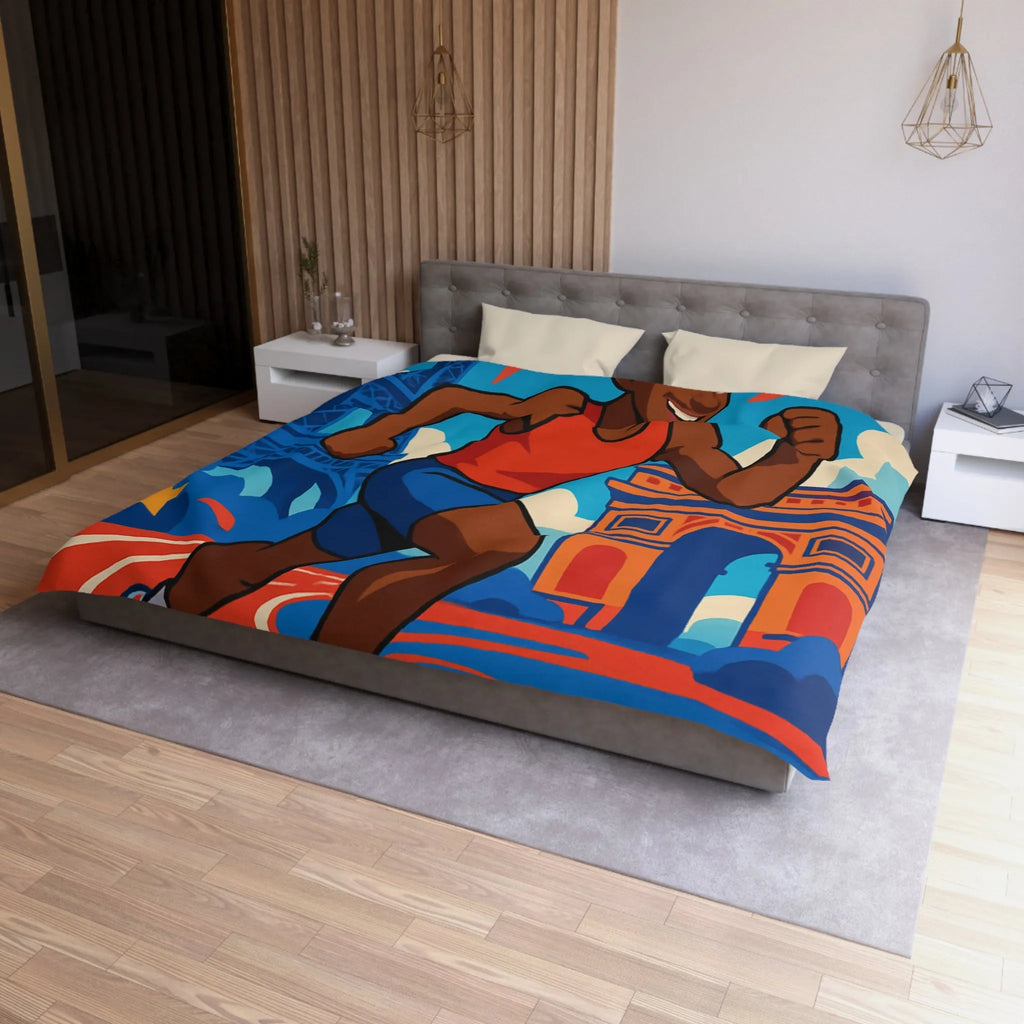 Couverture de lit sportive avec athlète vibrant et monuments emblématiques pour chambre dynamique