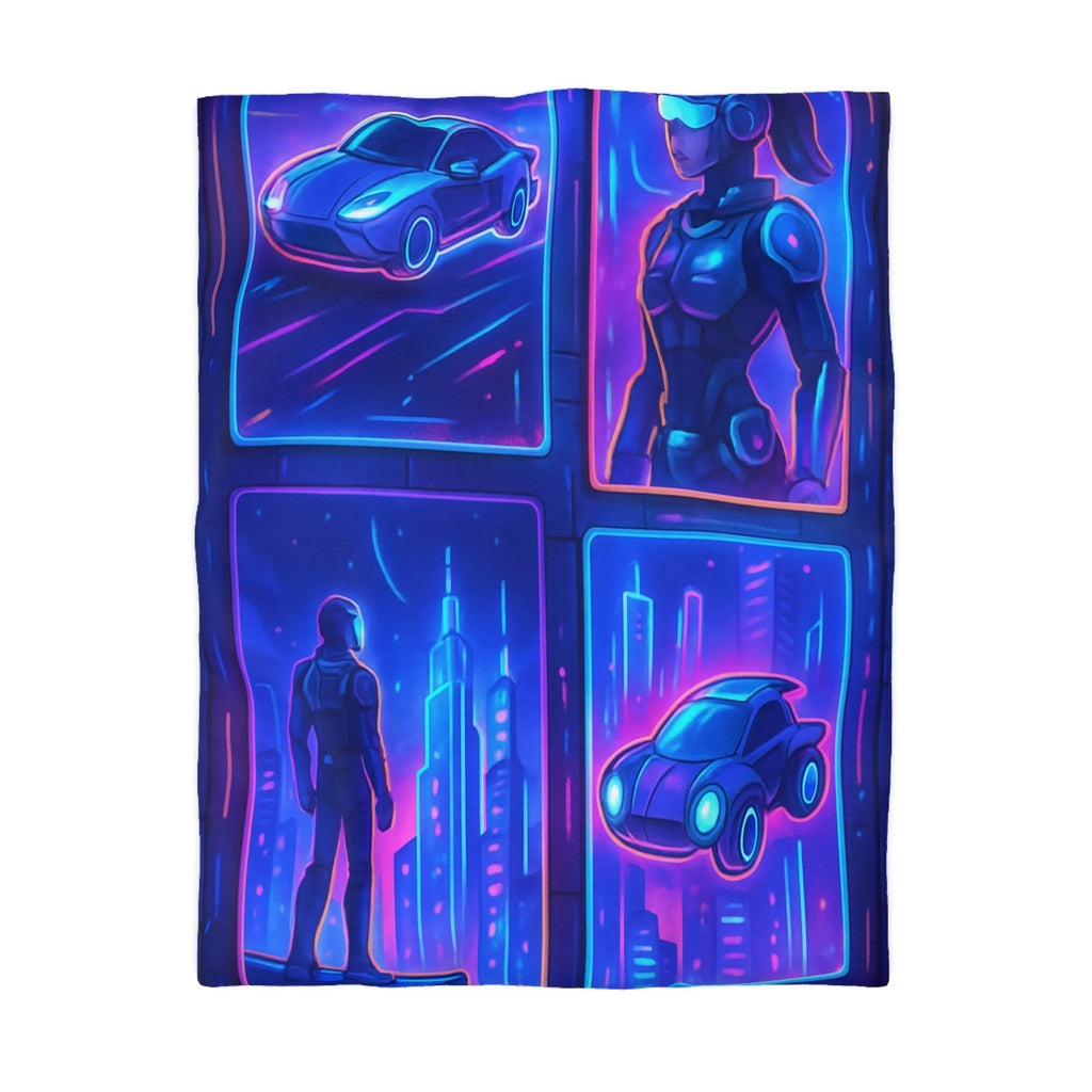 Couverture Futuriste Bleu Néon avec Silhouettes Humaines et Voitures Volantes Modernes