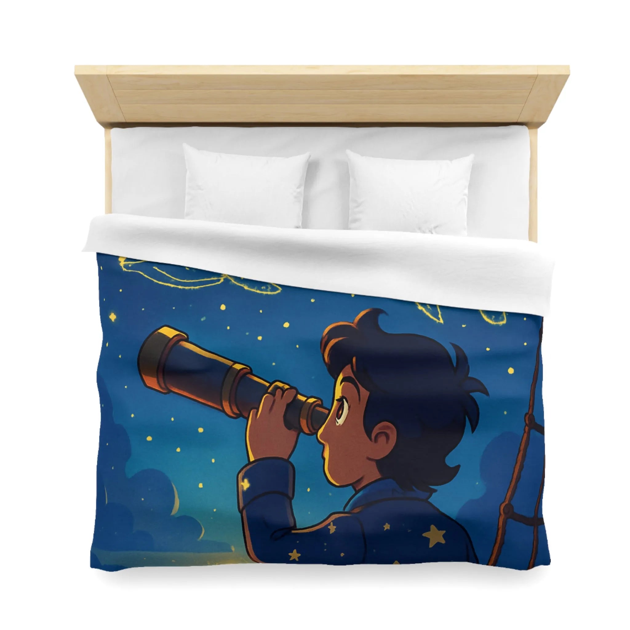 Housse de Couette Étoilée Enfant Rêveur Observant Constellations Célestes Bleu Nuit