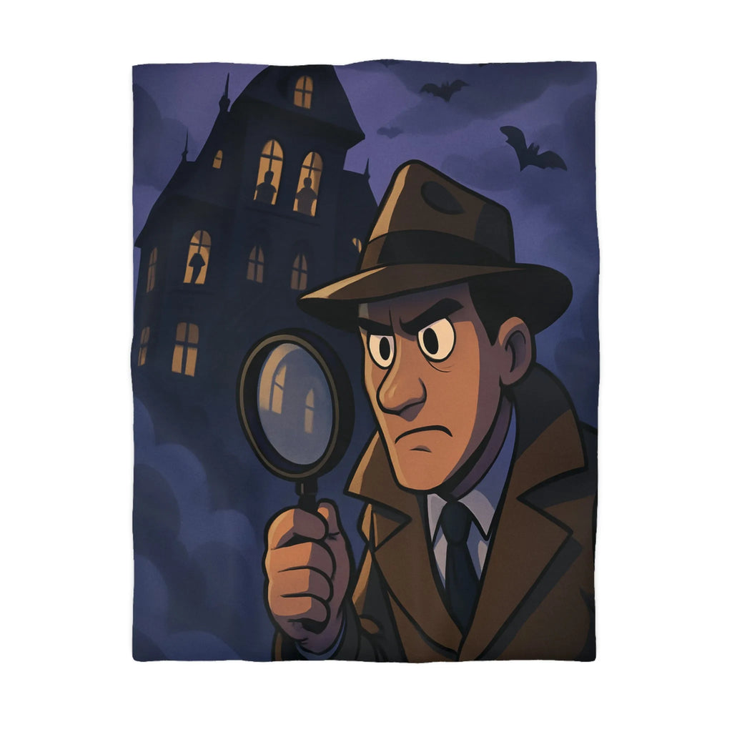 Housse de couette avec détective en enquête devant un manoir hanté mystérieux