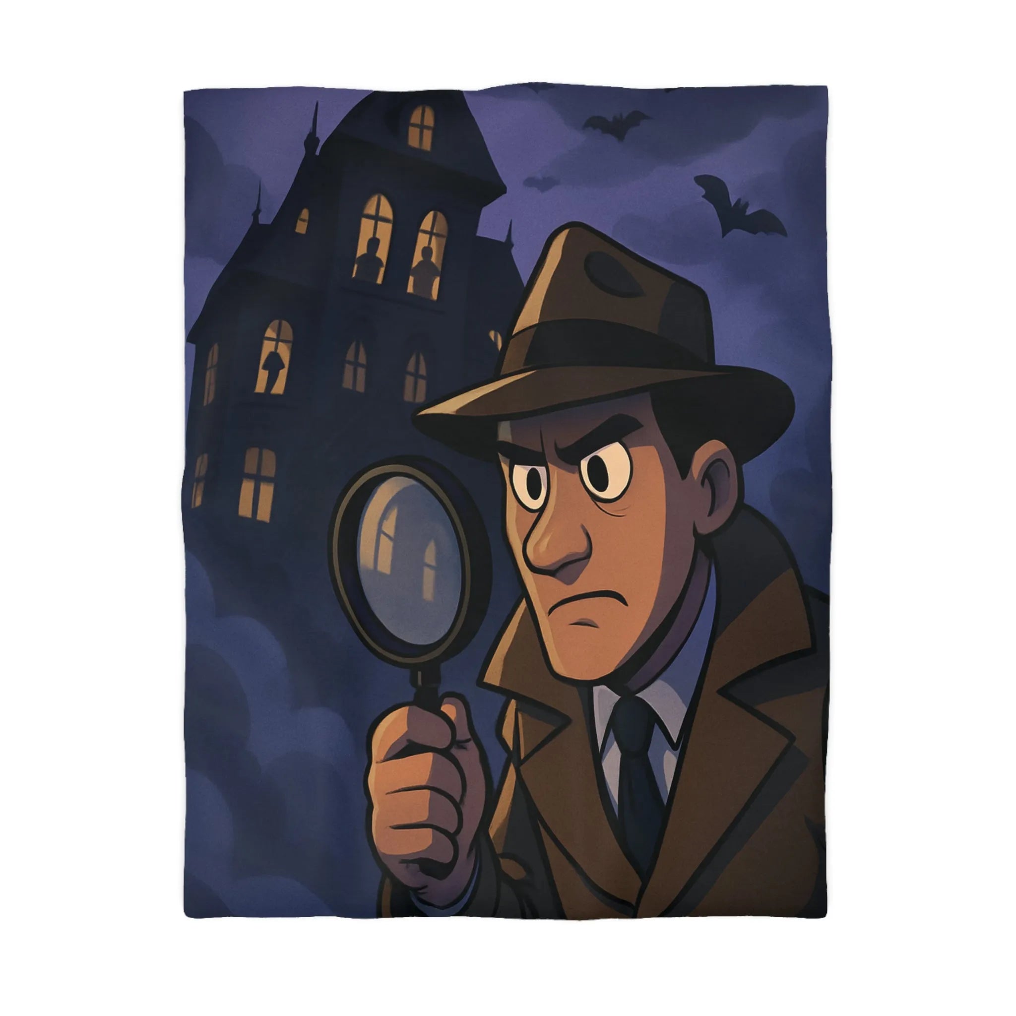 Housse de couette avec détective en enquête devant un manoir hanté mystérieux