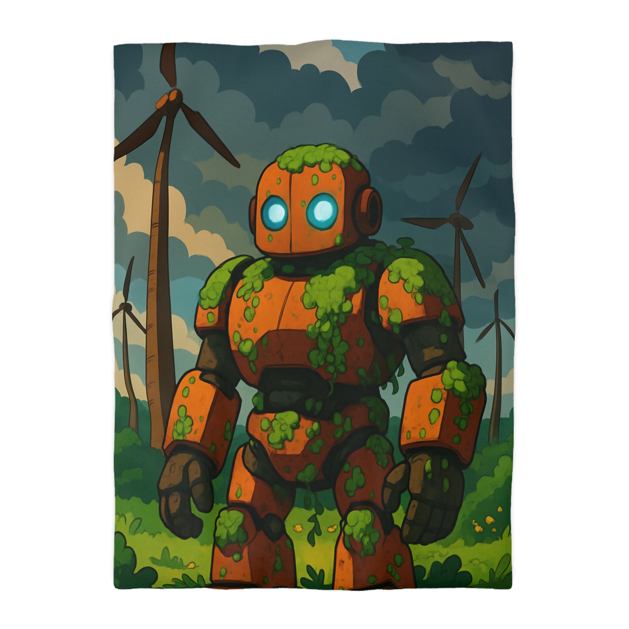 Housse de couette robot et éoliennes, motif nature et technologie, ambiance verte apaisante