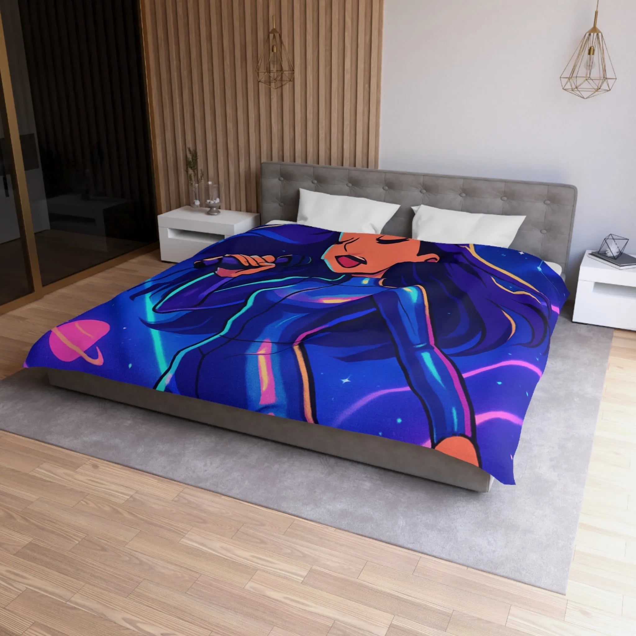 "Housse de couette galaxie: chanteuse en combinaison bleue avec planètes et étoiles brillantes"