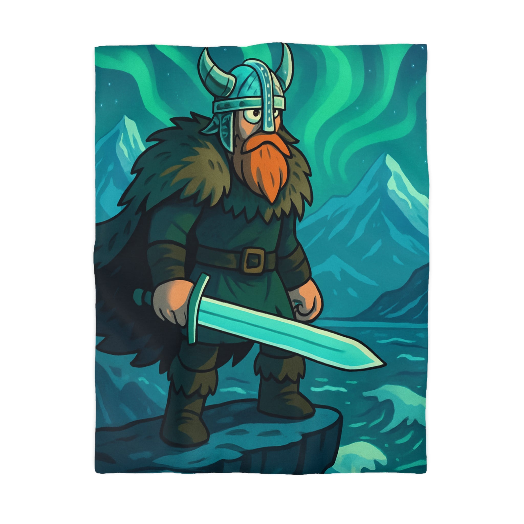 Housse de couette viking avec aurore boréale, montagnes majestueuses et guerrier barbu