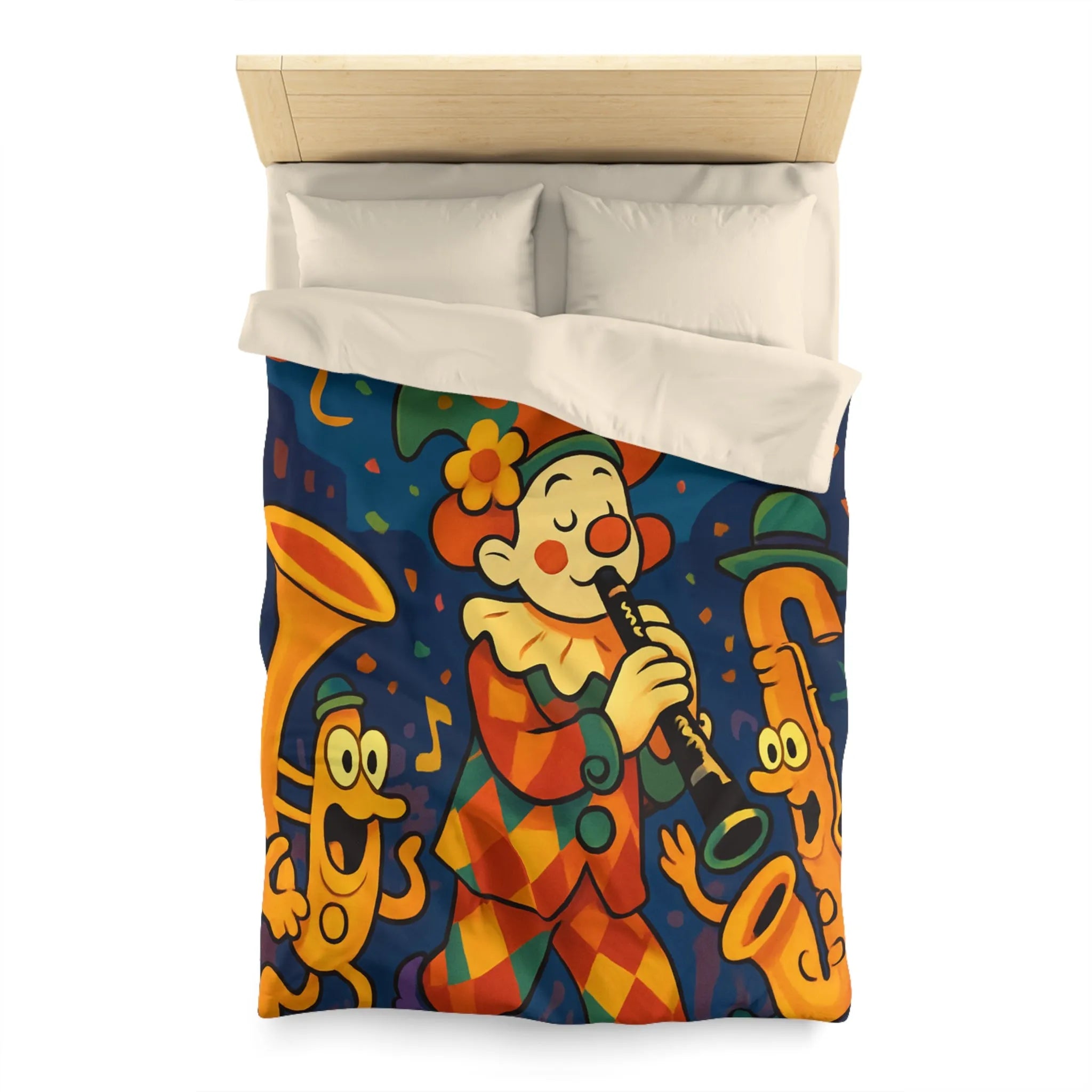Housse de Couette Fantaisiste avec Clown et Instruments dans Parade Colorée et Lumineuse