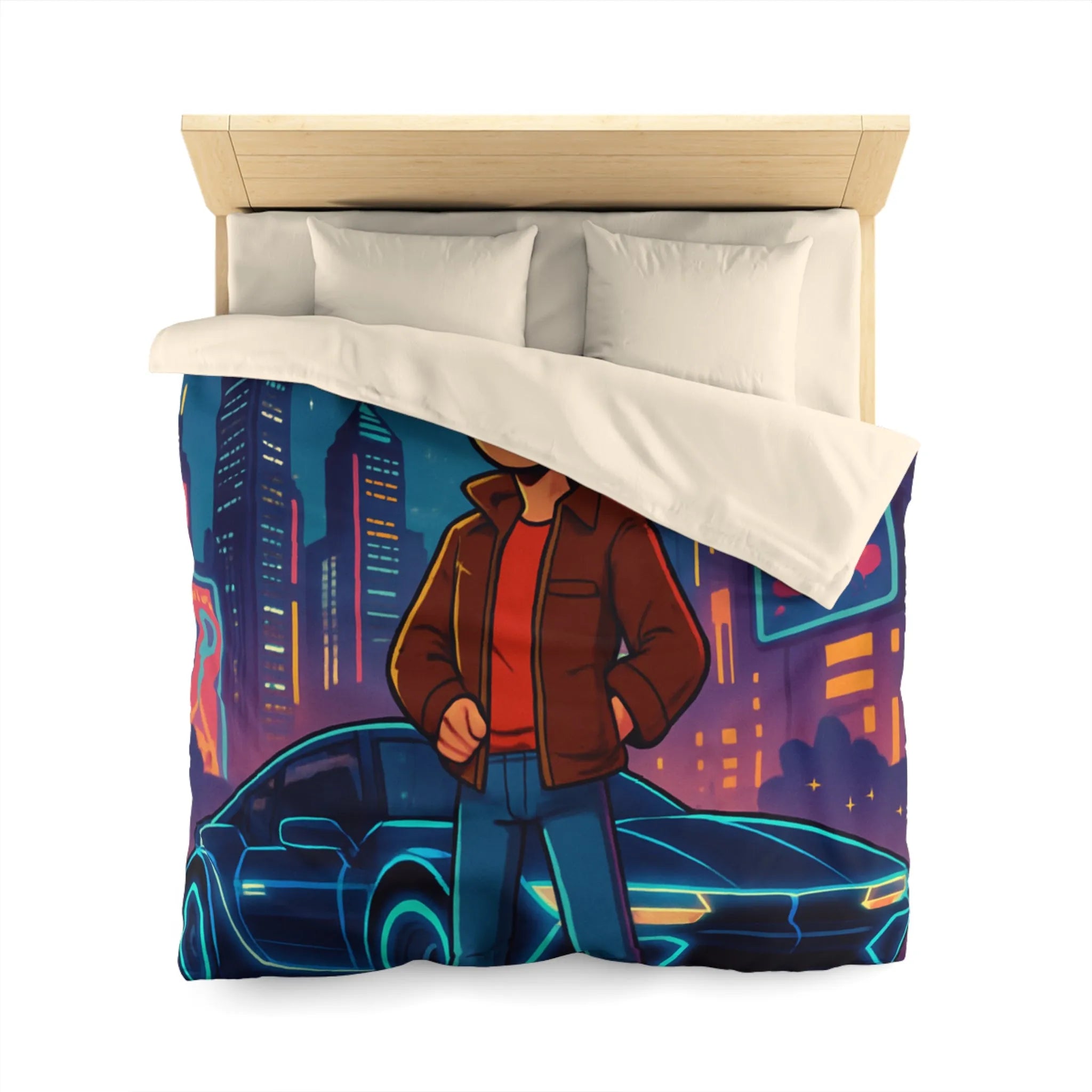 Housse de Couette Future Enfant Ville Nocturne Néons Jeune Garçon et Voiture
