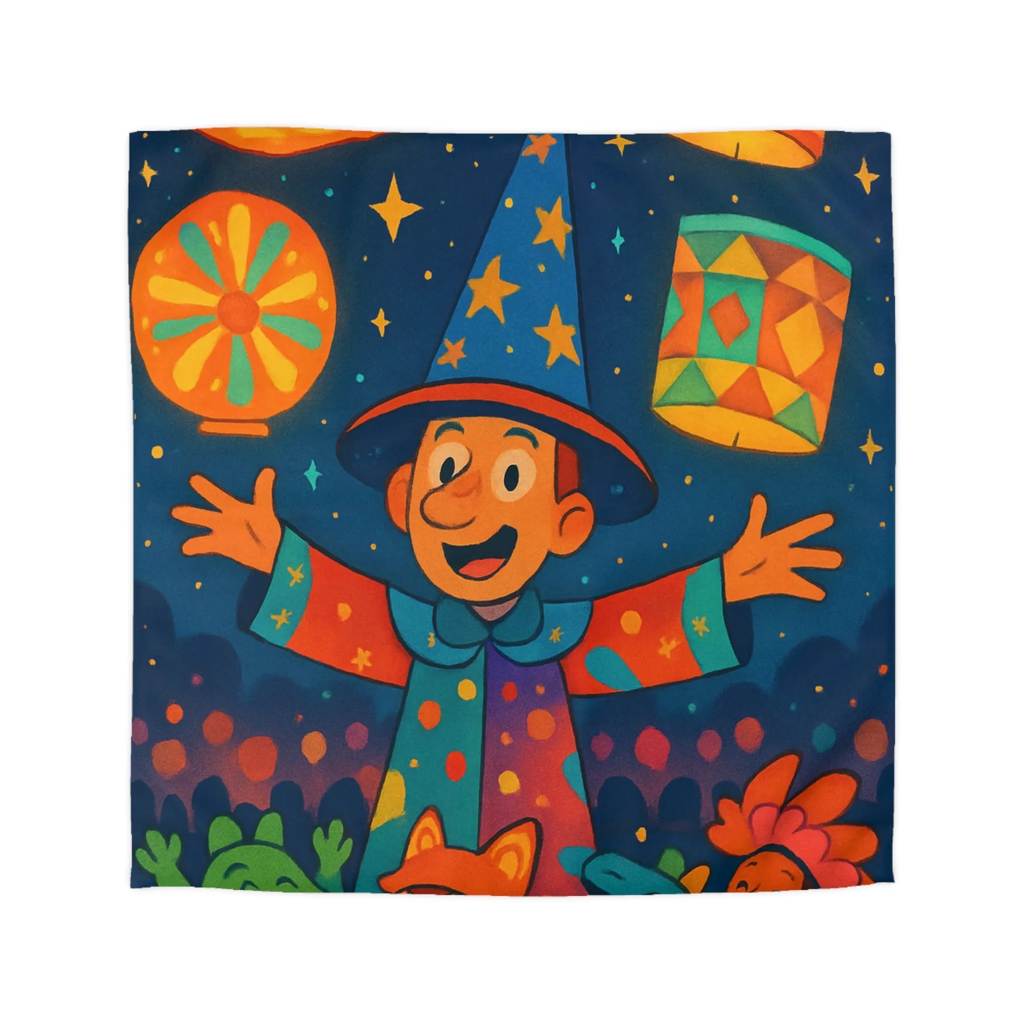 Housse de couette enfant au design magique de lanternes colorées et personnages joyeux