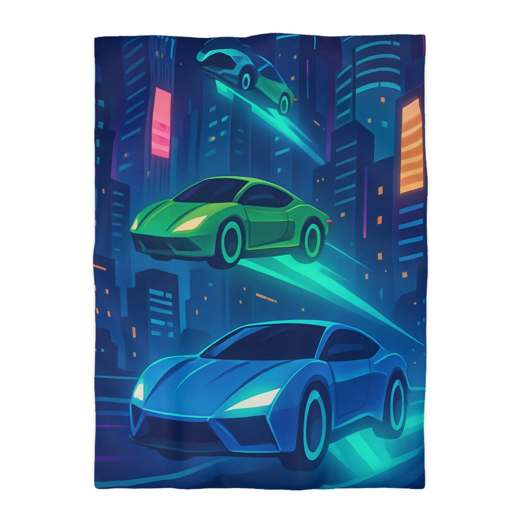 Découvrez des voitures futuristes illuminées flottant dans un ciel urbain nocturne vibrant