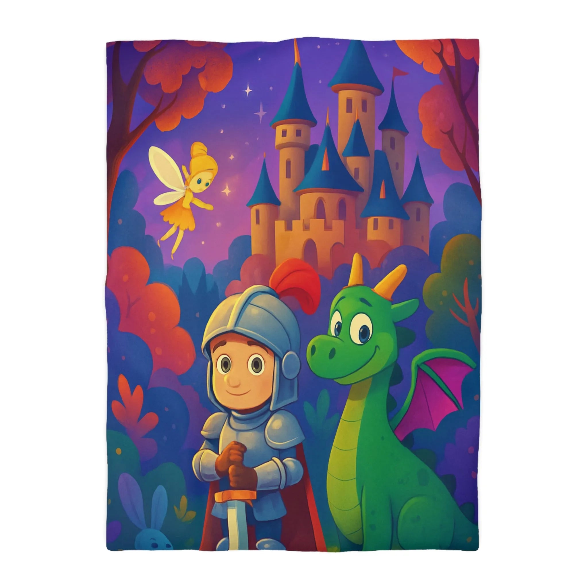 Housse de couette enfants, chevalier et dragon dans forêt enchantée avec fée et château
