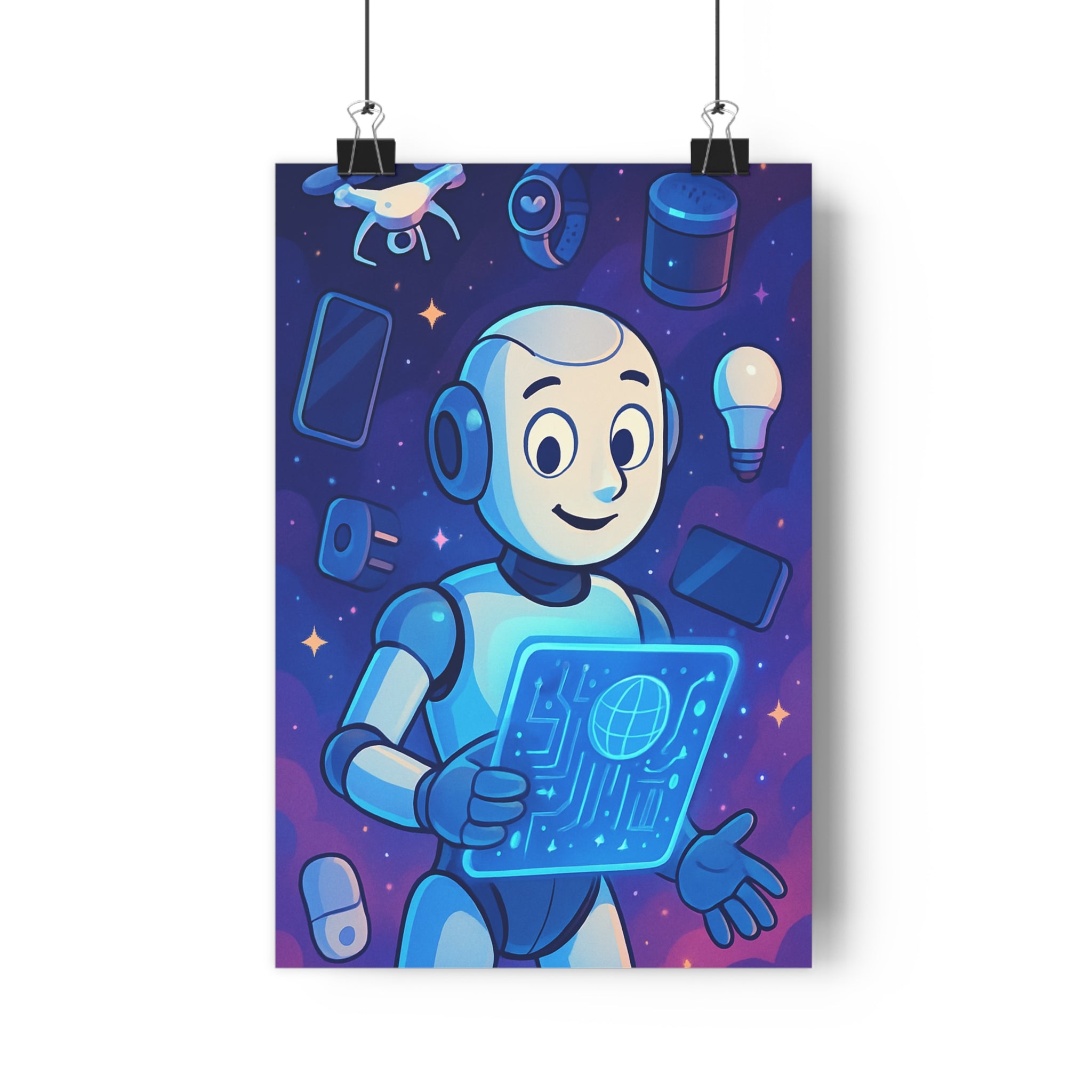 Poster décoratif robot futuriste bleu violet dessin animé moderne chambre bureau technologie joyeux lumineux