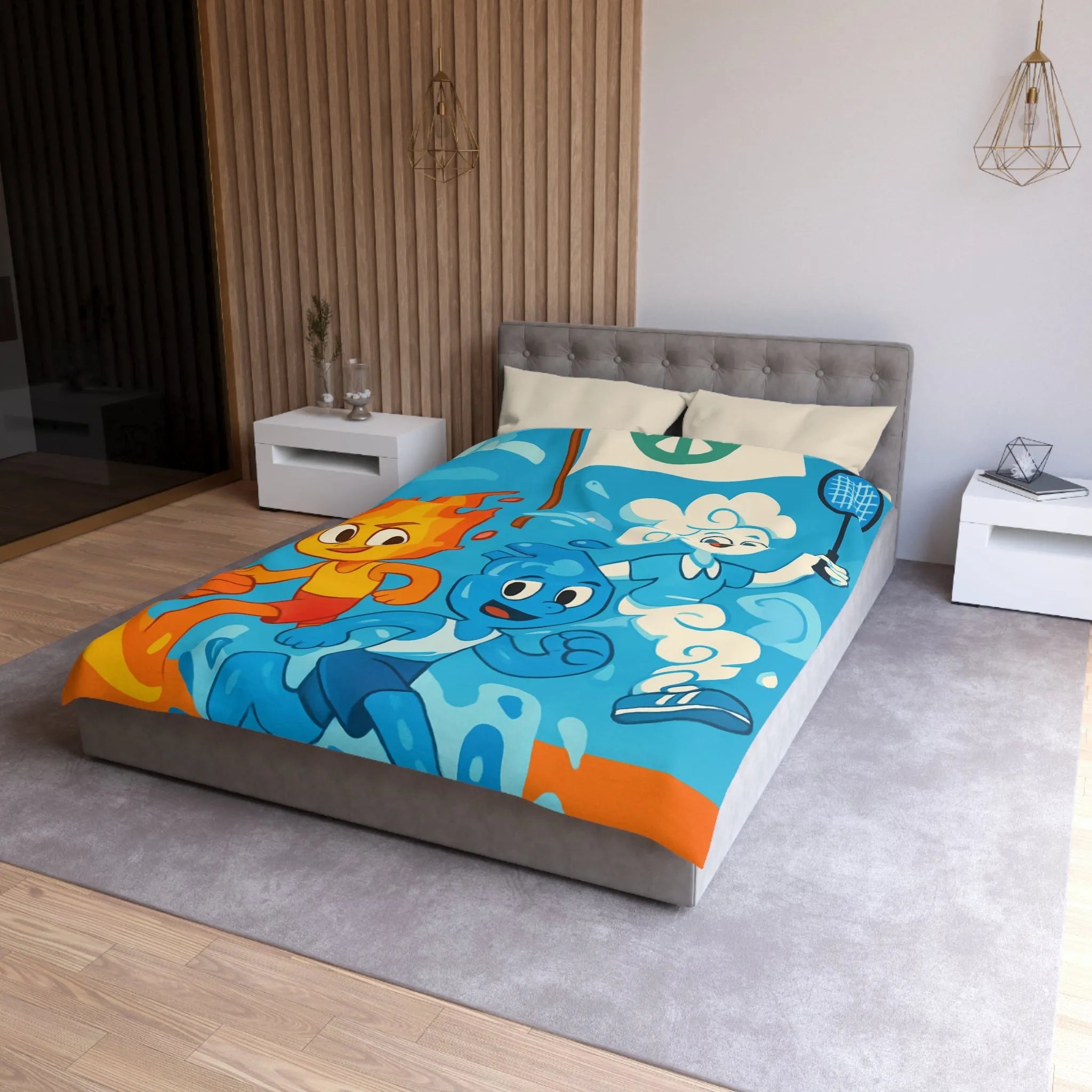 Housse de couette colorée avec motifs d’éléments sportifs et symbole de paix