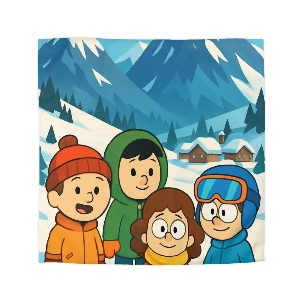 Housse de couette avec enfants joyeux et montagnes enneigées pour chambre d'enfant