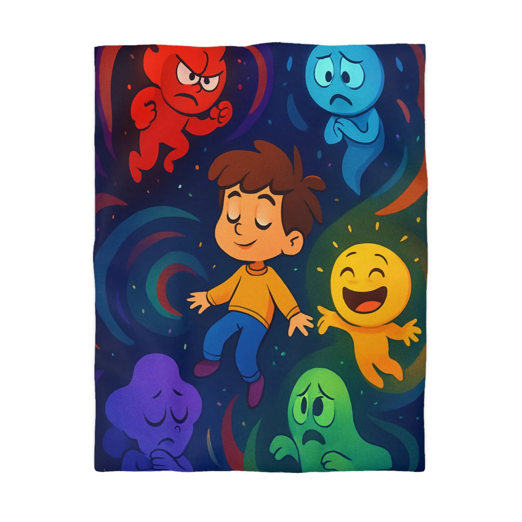 Housse de couette colorée avec personnages émotionnels flottants pour chambre d'enfant joyeuse