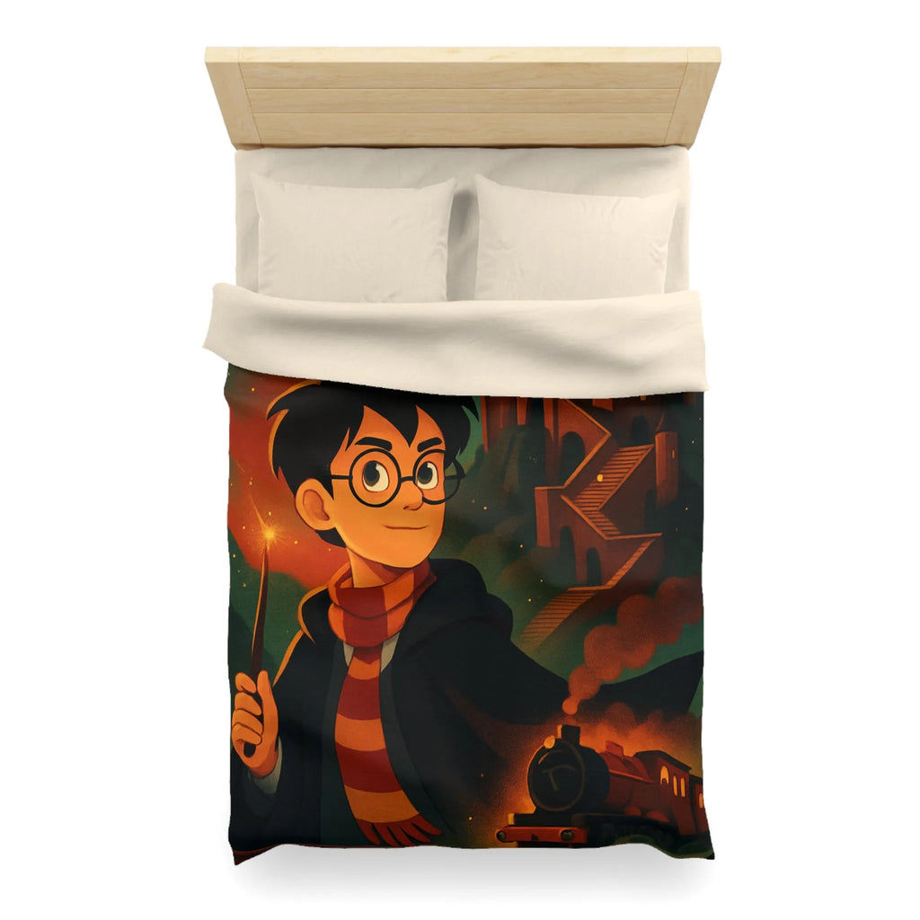 Housse de couette magique avec jeune sorcier, hibou, château et train en fond