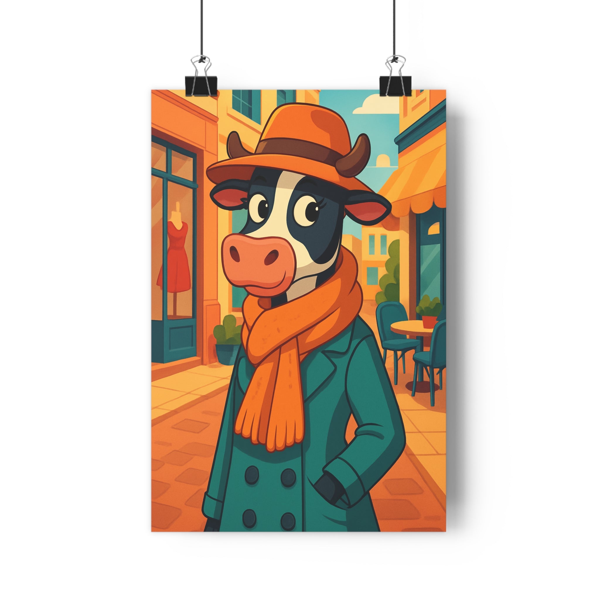 Poster décoratif moderne vache styliste chic vert orange cartoon joyeux intérieur salon chambre 30x46