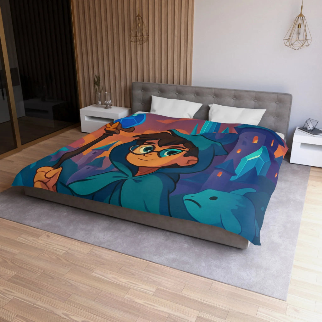 Housse de couette magie bleue fantasy avec château, sorcier et météore étincelant