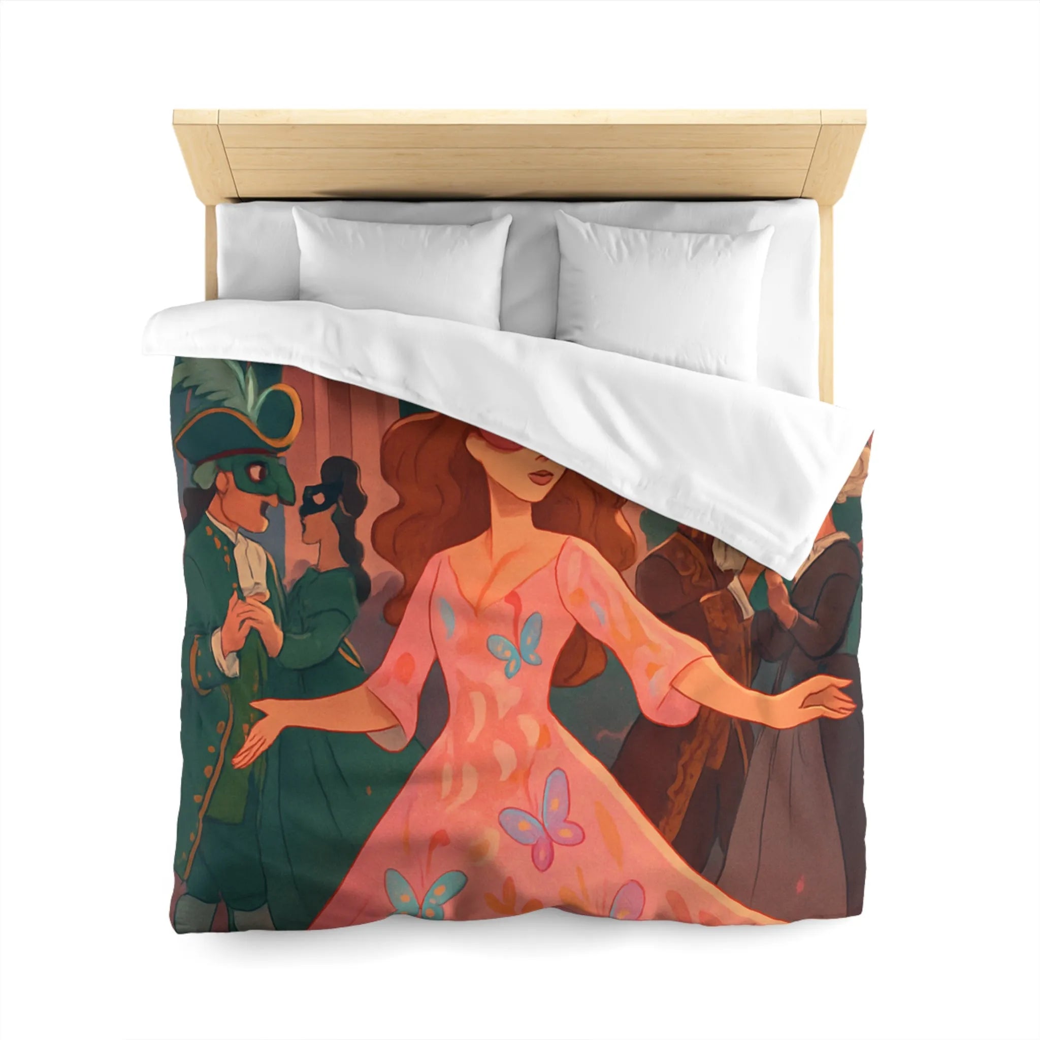 Housse de Couette Élégante avec Femmes Masquées et Papillons dans Bal Éthéré