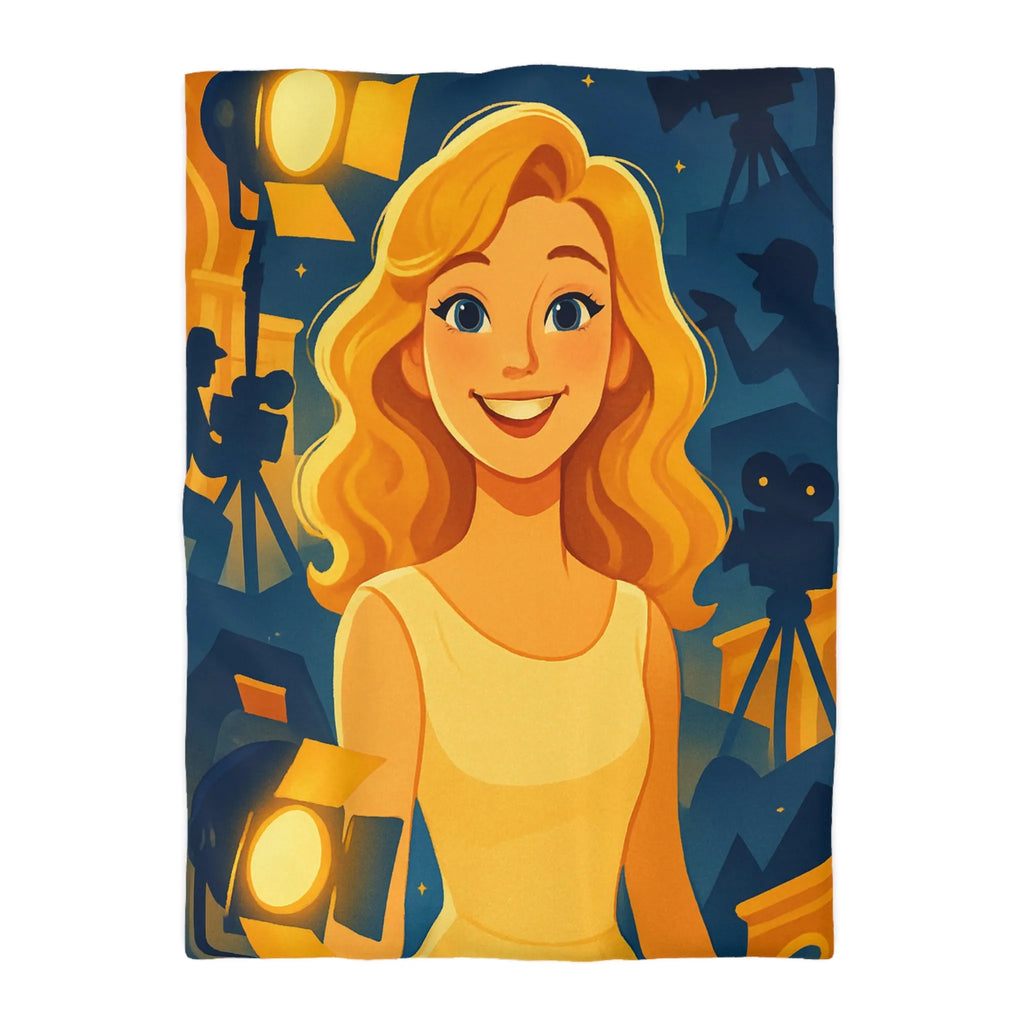 Housse de couette avec scène de tournage glamour et personnages stylisés illuminés