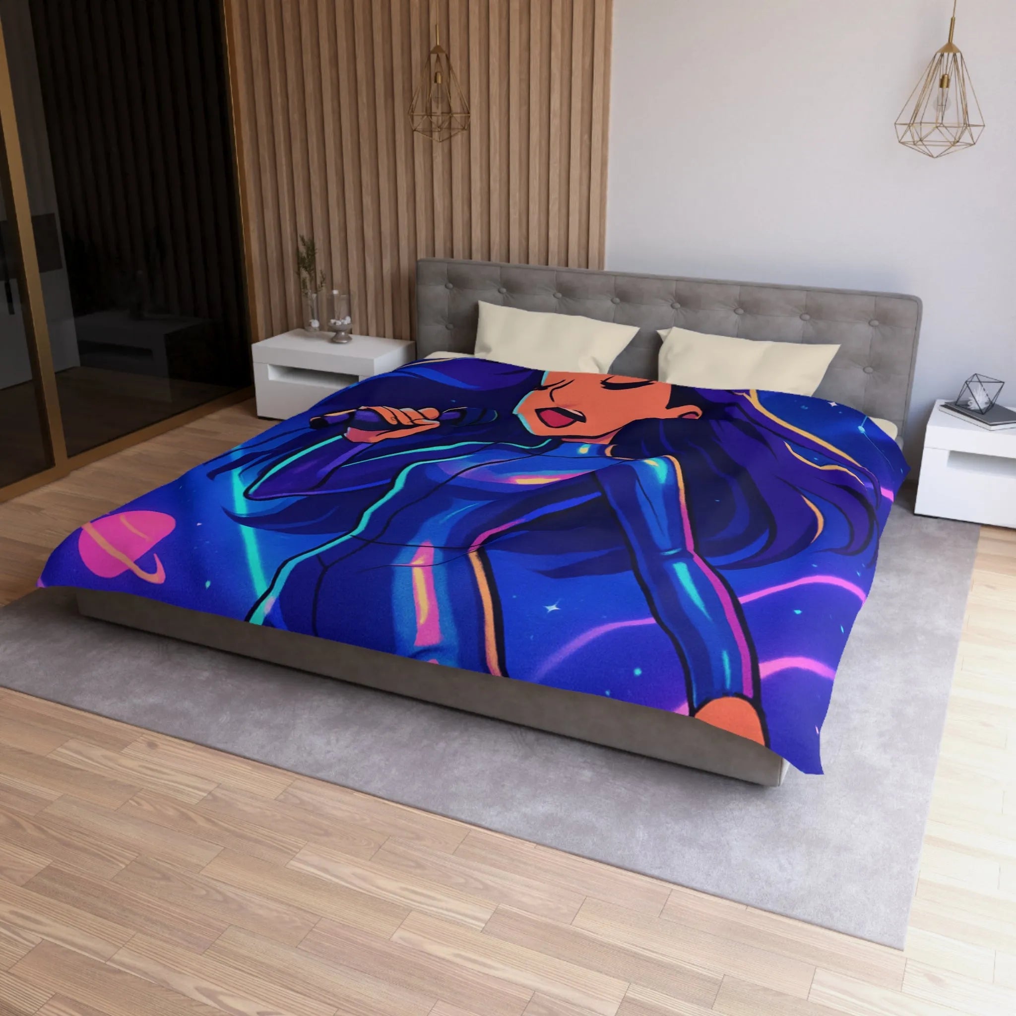 "Housse de couette galaxie: chanteuse en combinaison bleue avec planètes et étoiles brillantes"