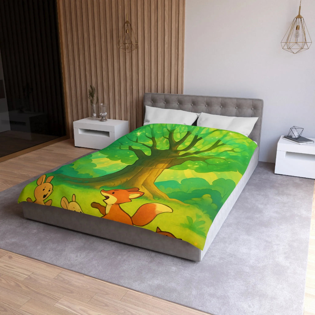 Charmante forêt enchantée avec animaux espiègles sous un majestueux arbre scintillant illustré