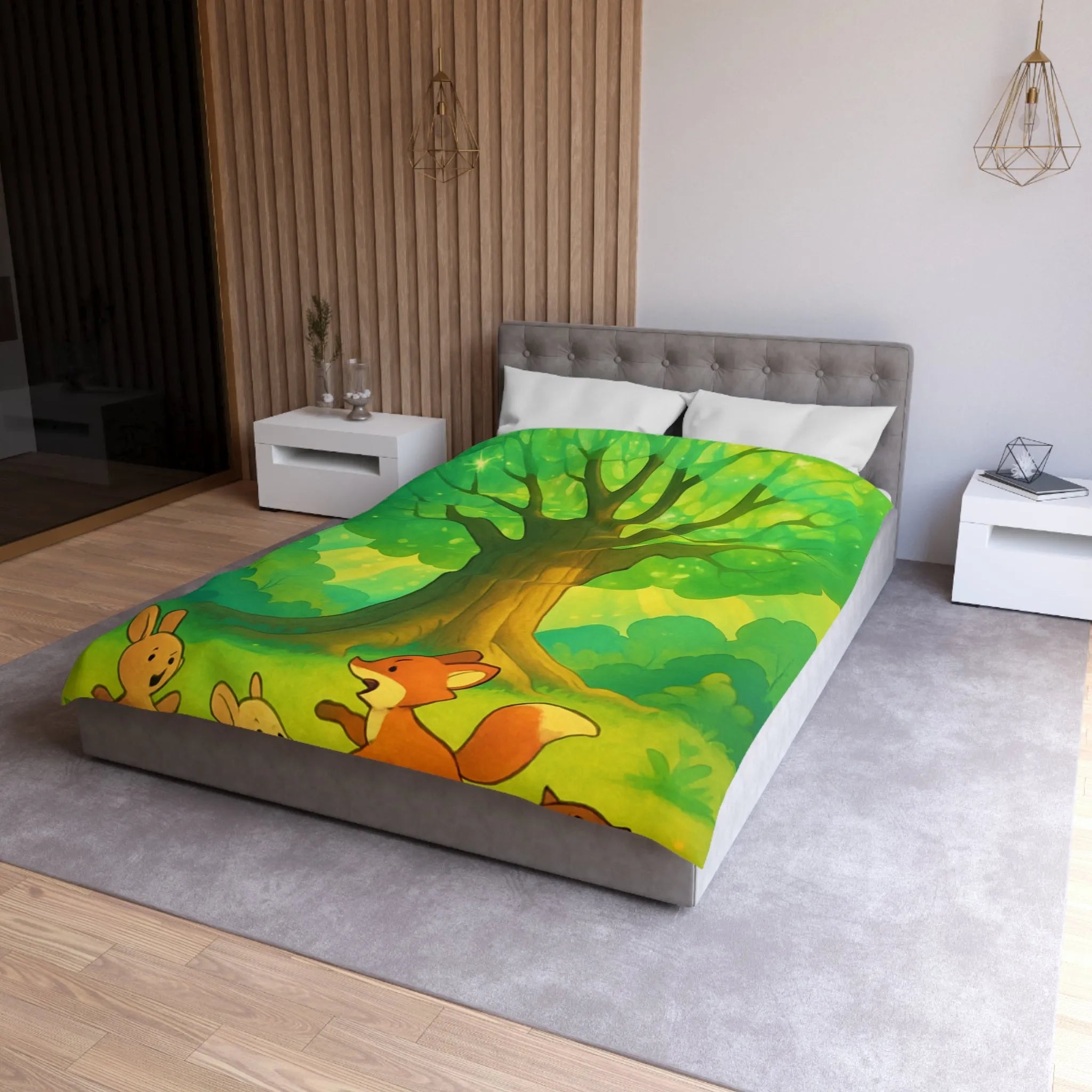 Charmante forêt enchantée avec animaux espiègles sous un majestueux arbre scintillant illustré