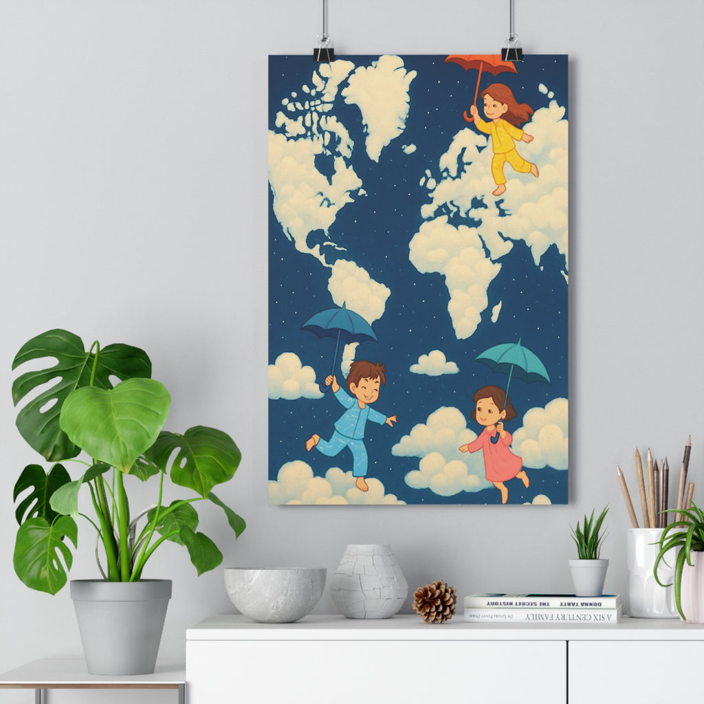 Poster décoratif mappemonde bleu étoilé rêveur enfant chambre créatif joyeux 30x46 cm qualité art