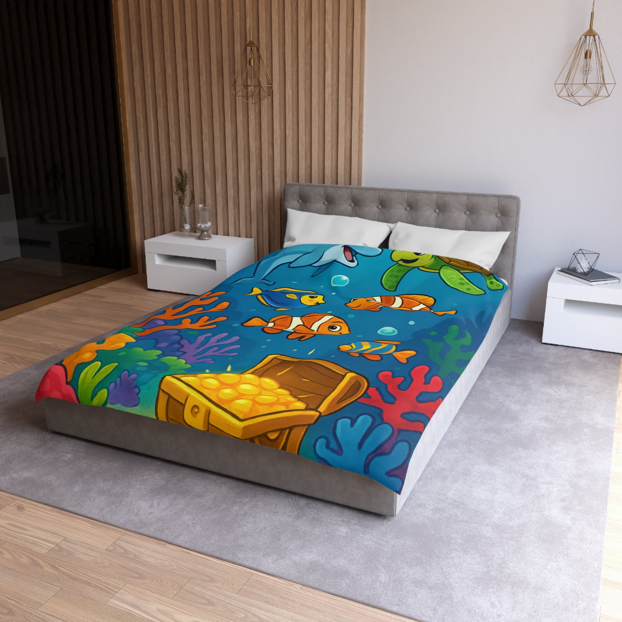 Housse de couette océan coloré avec animaux marins et coffre au trésor