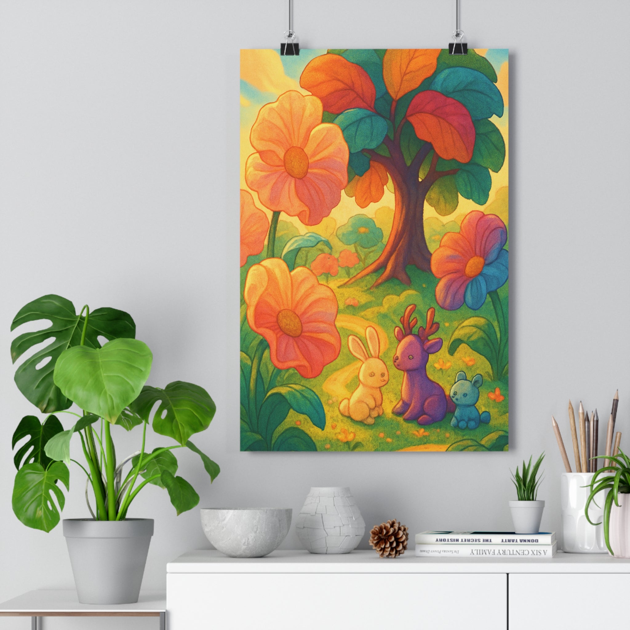 Poster décoratif pastel animé joyeux chambre enfant jardin enchanté rêve fleurs ourson lapin faon