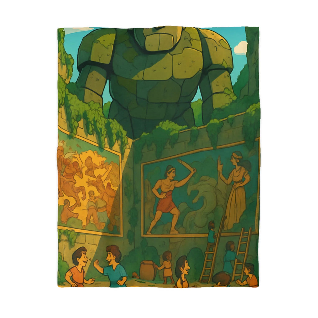 Enchantante parure de lit jardin fantastique avec golem géant et enfants joueurs colorés