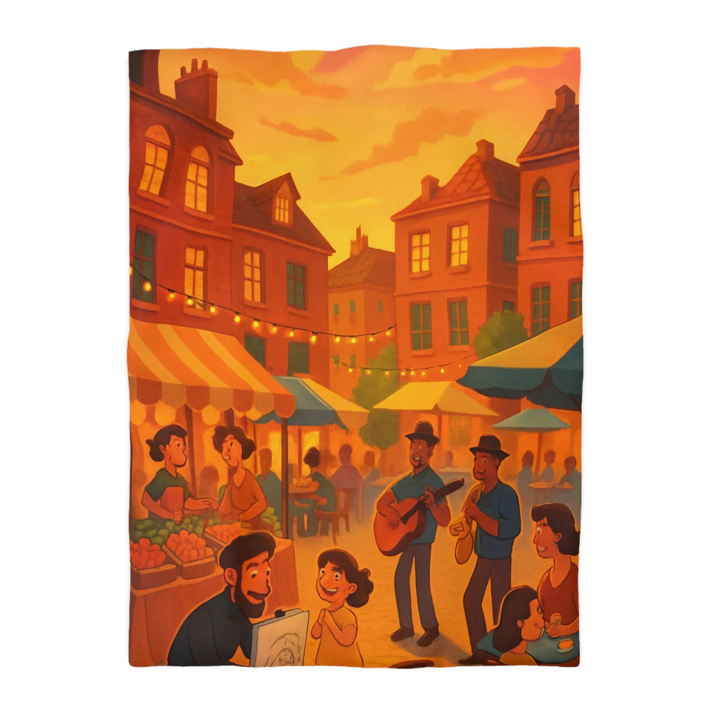 Housse de couette avec illustration de marché animé au coucher de soleil vibrant