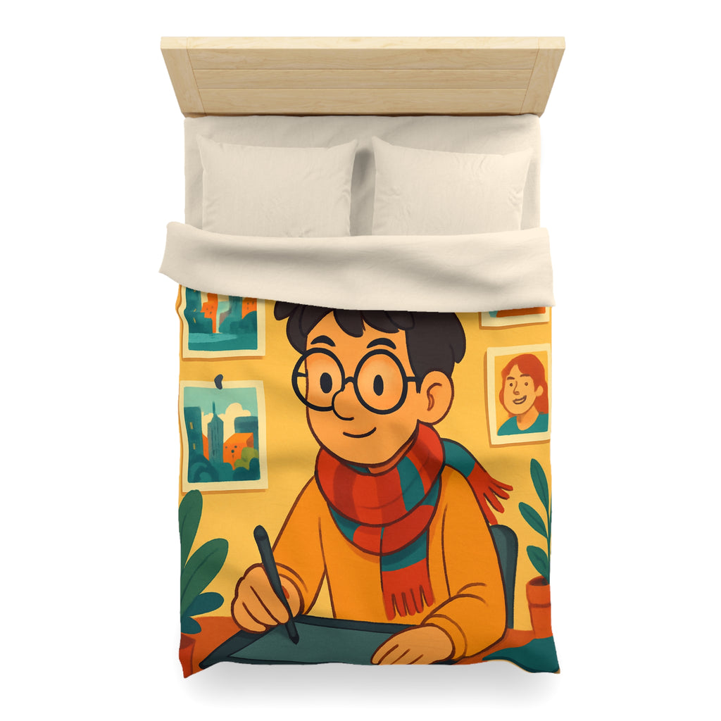 Housse de couette moderne avec illustrations colorées d'artiste travaillant dans un studio créatif