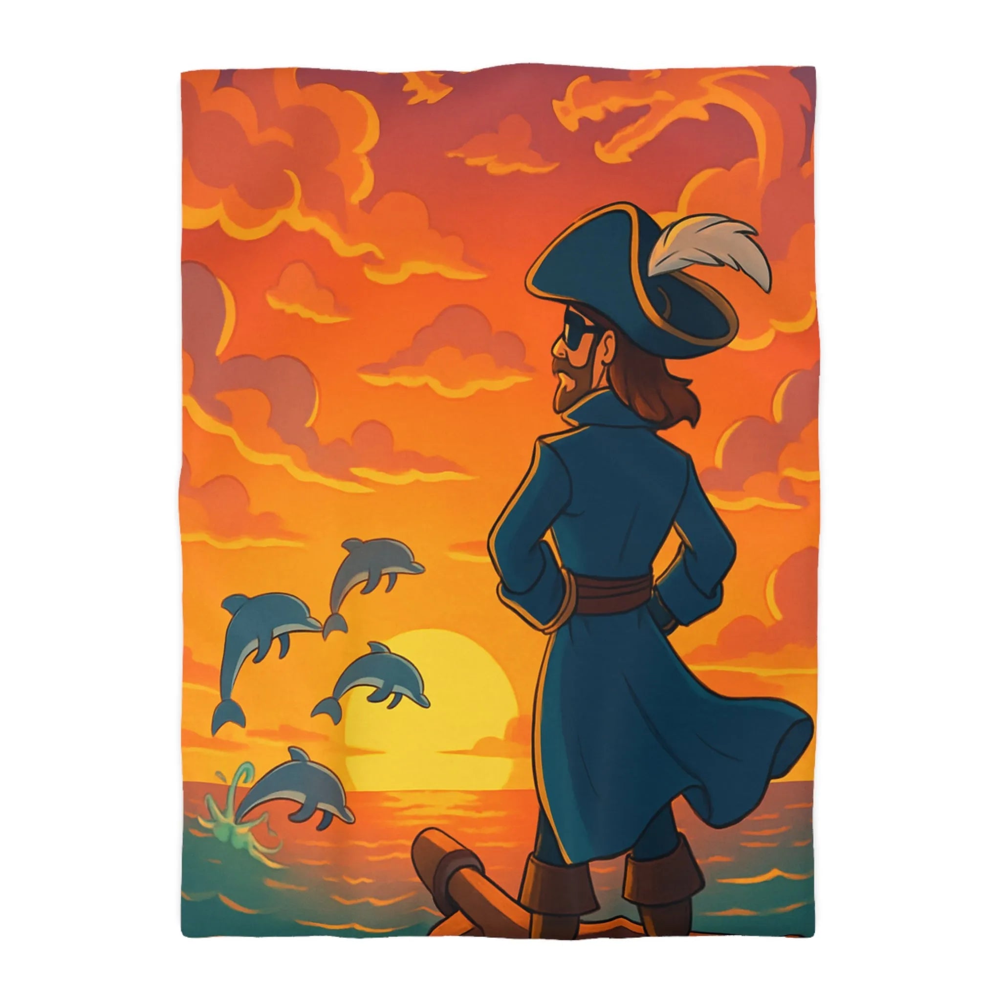 Housse de couette avec pirate contemplant dauphins sous ciel flamboyant au coucher du soleil
