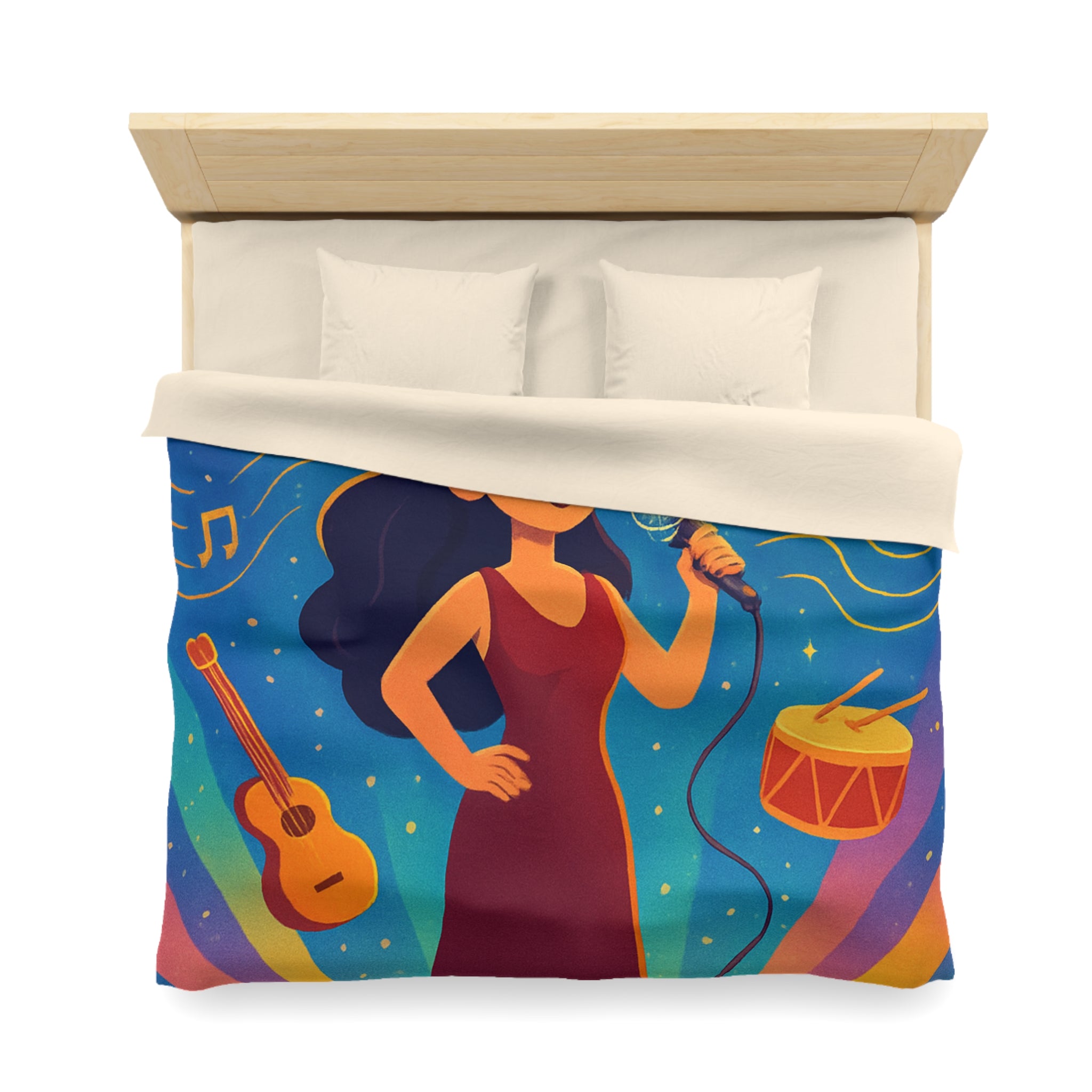 Housse de couette vibrante avec scène musicale, chanteuse et instruments illustrés colorés