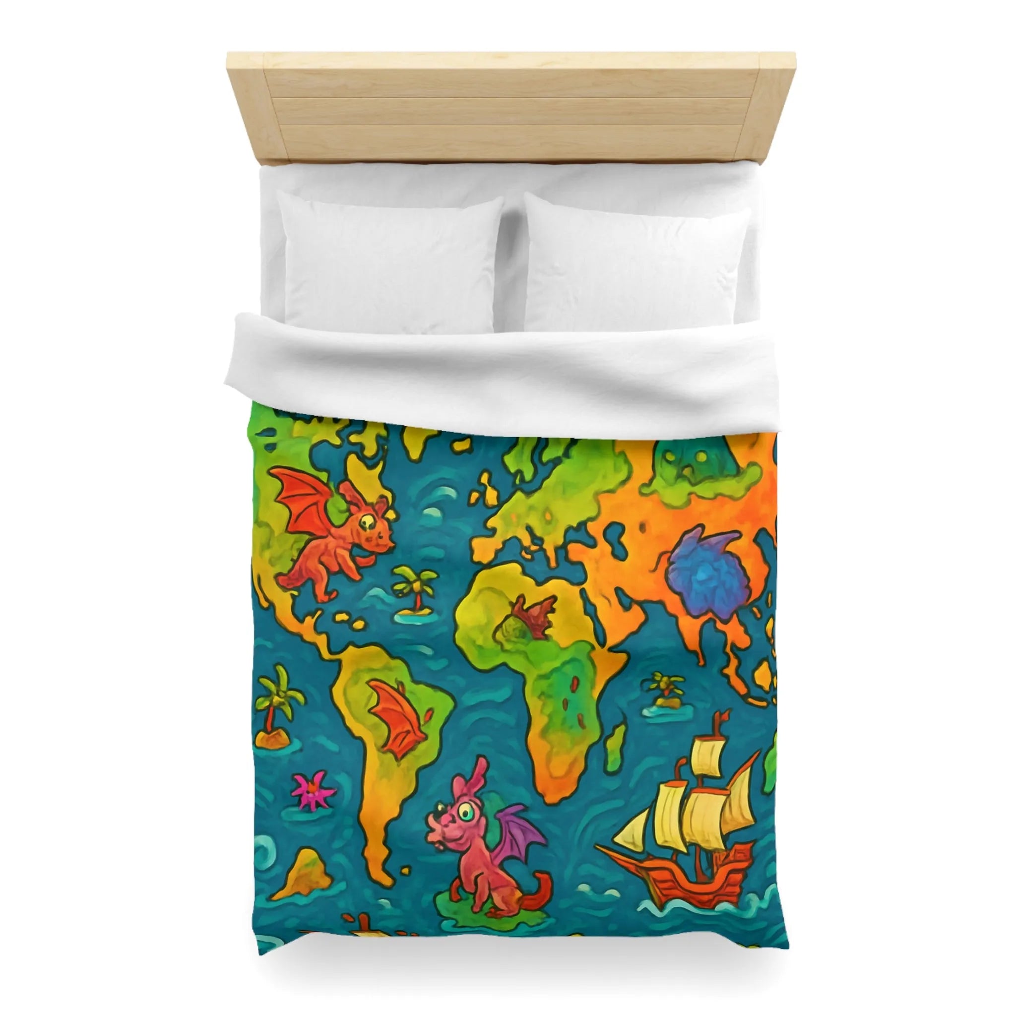 Housse de couette carte monde fantastique avec dragons et bateaux pour enfant