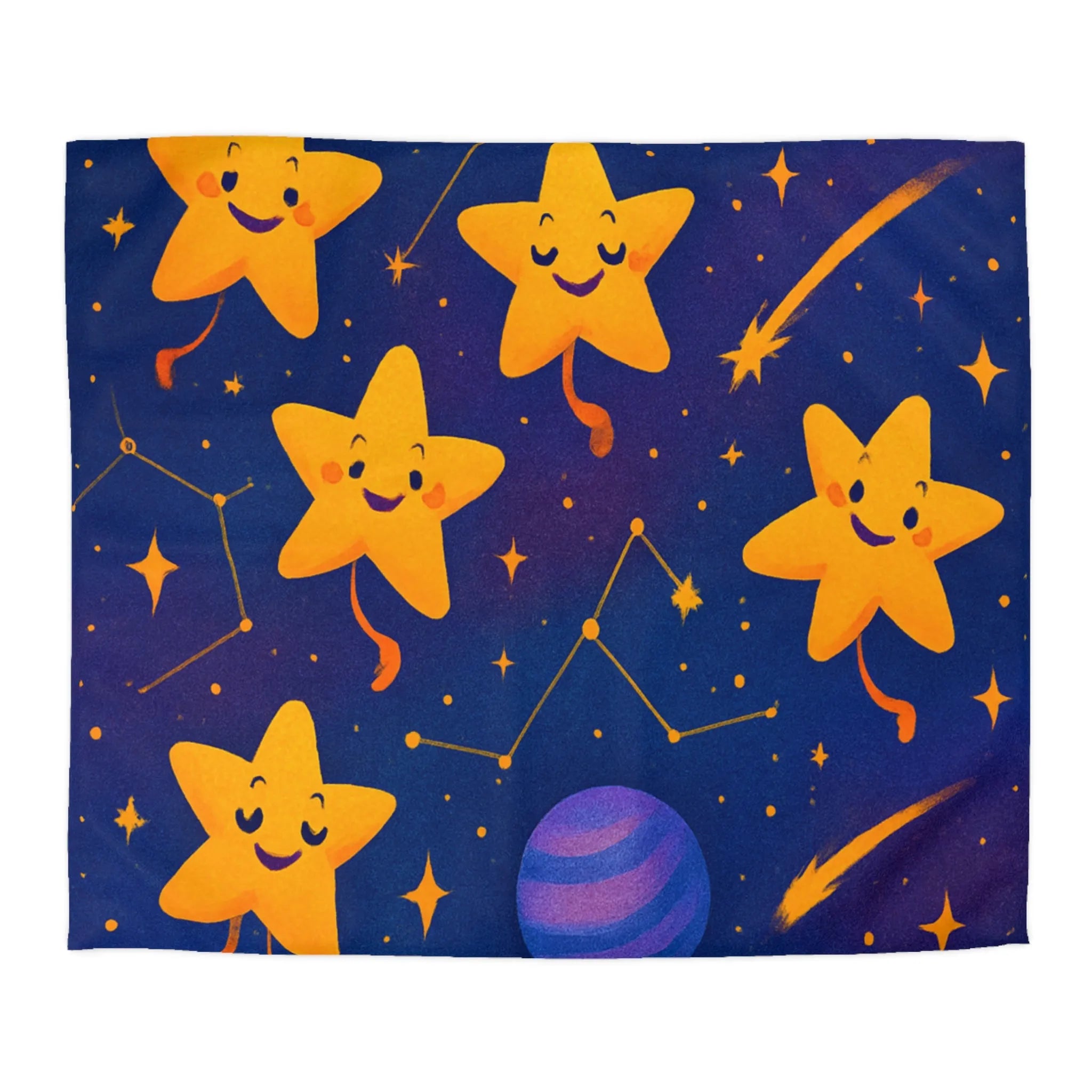 Housse de couette avec étoiles souriantes et planètes cartoon pour chambre d'enfant