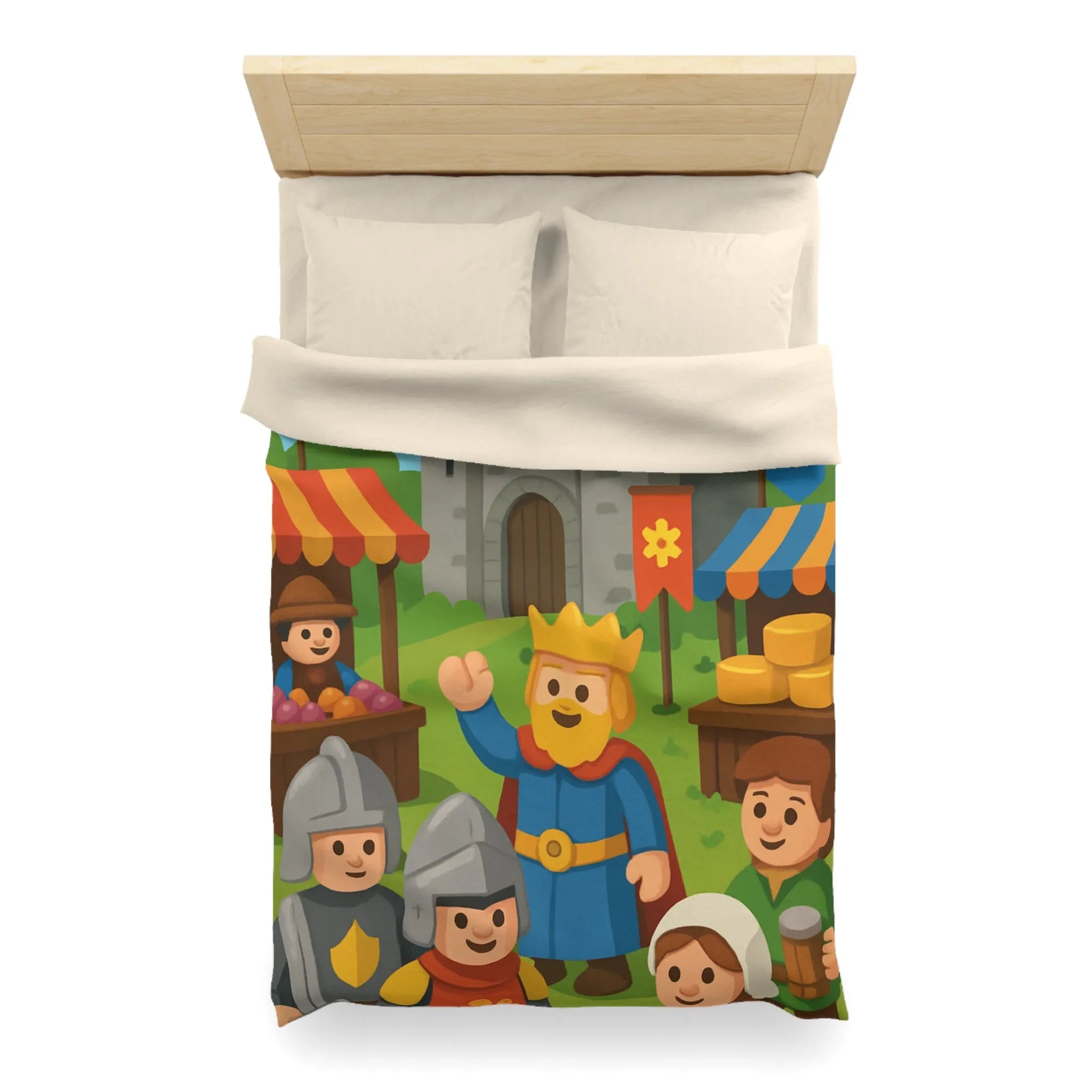 Housse de Couette Ludique Moyen Âge Château Roi et Marché Animé Coloré