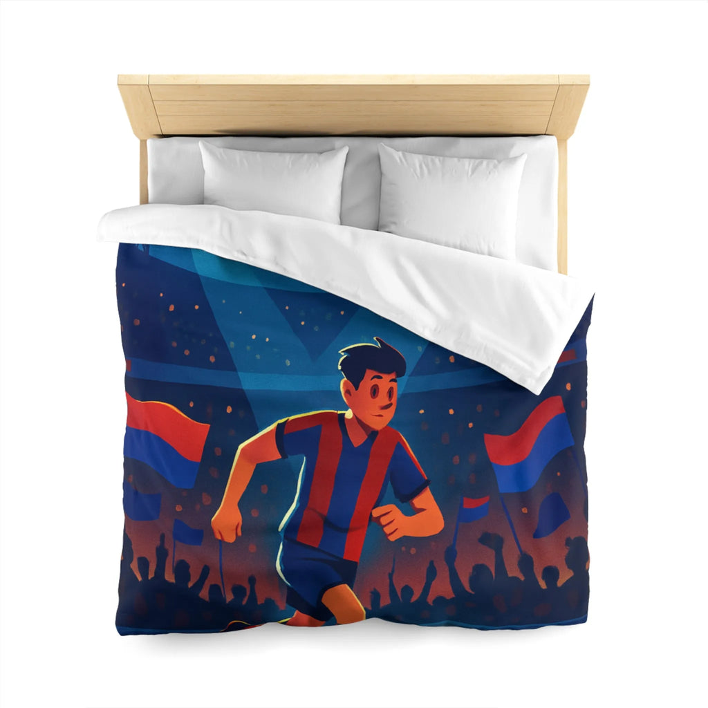 Housse de couette colorée illustrant un joueur de football vibrant sous les projecteurs nocturnes
